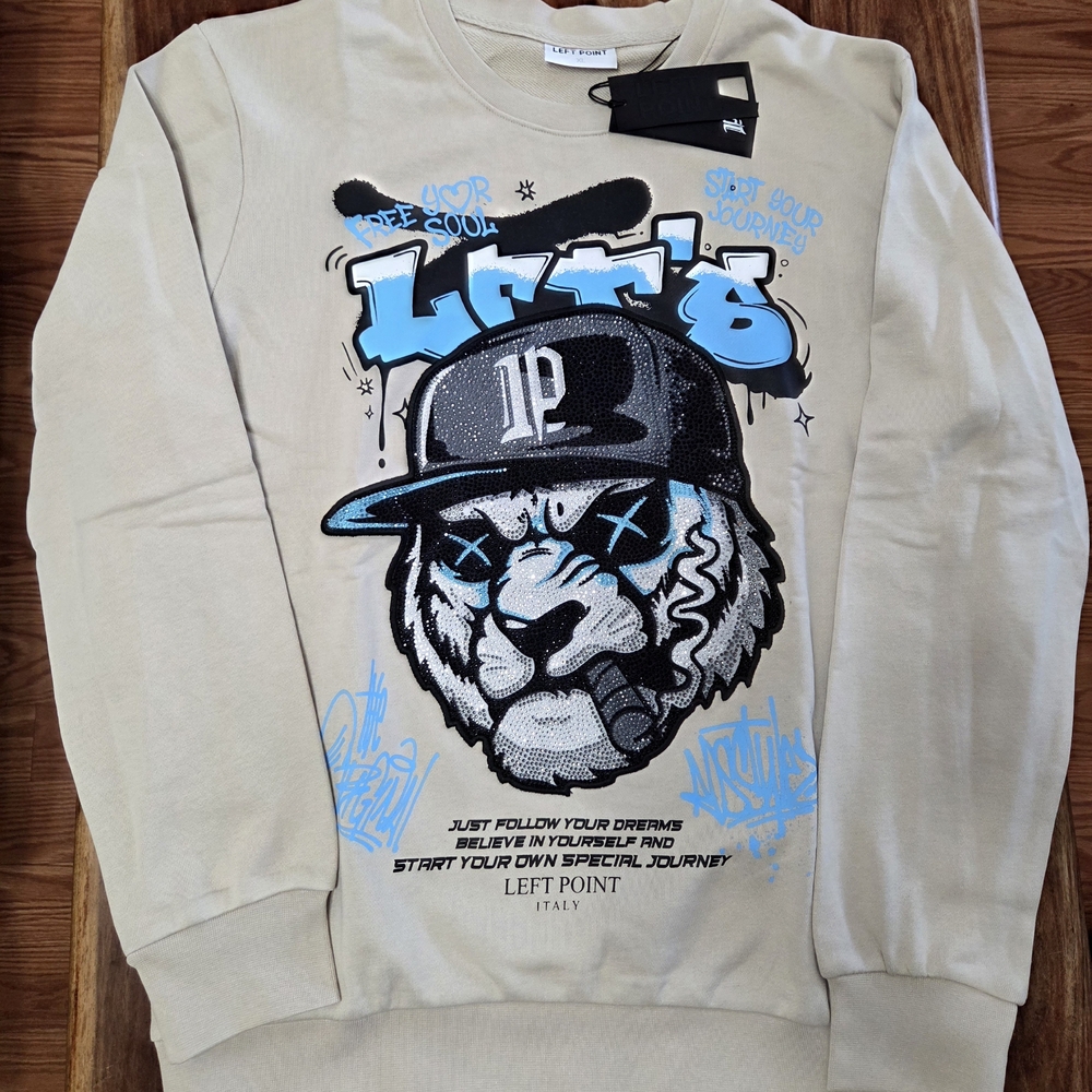 Left Points Beige Graphic Crewneck Sweater for Men
